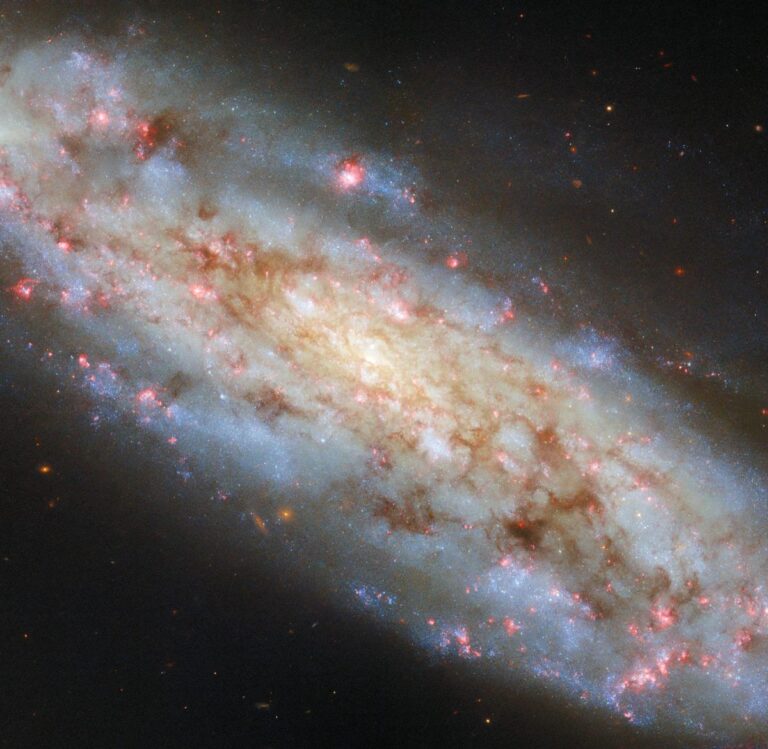 Hubble Captures a Tilted Spiral Galaxy Ablaze with Baby Stars and Glowing Gas